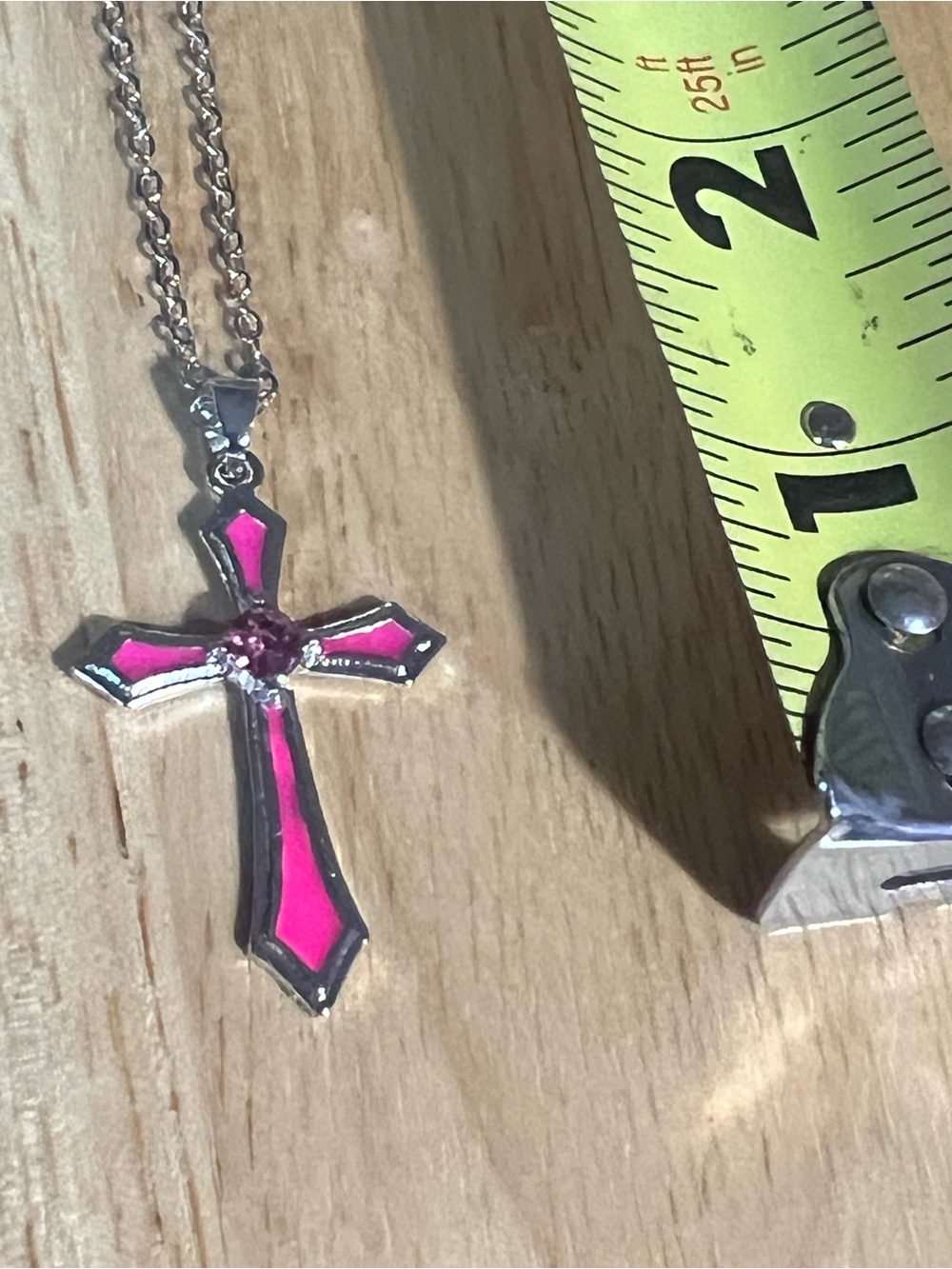 Silver Cross Pendant Necklace with Pink Enamel N168